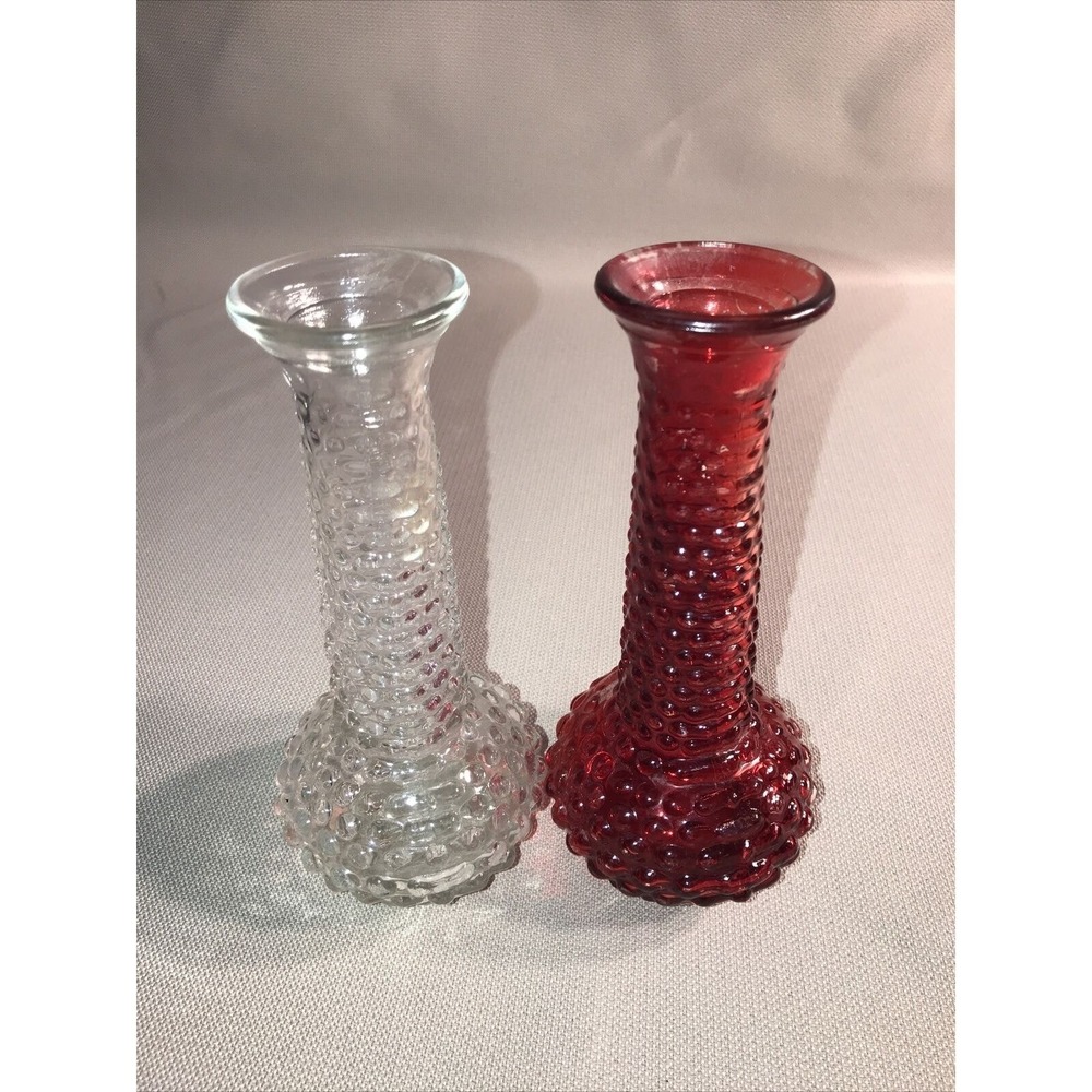 E O Brody Clear Red Hobnail Glass Bud Vase 7.75" USA Cottage Granny Core‎